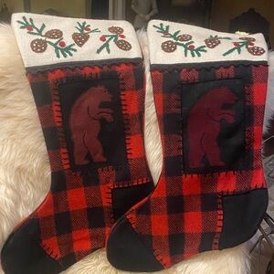 Plaid Bear Holiday Stockings - Red and Black